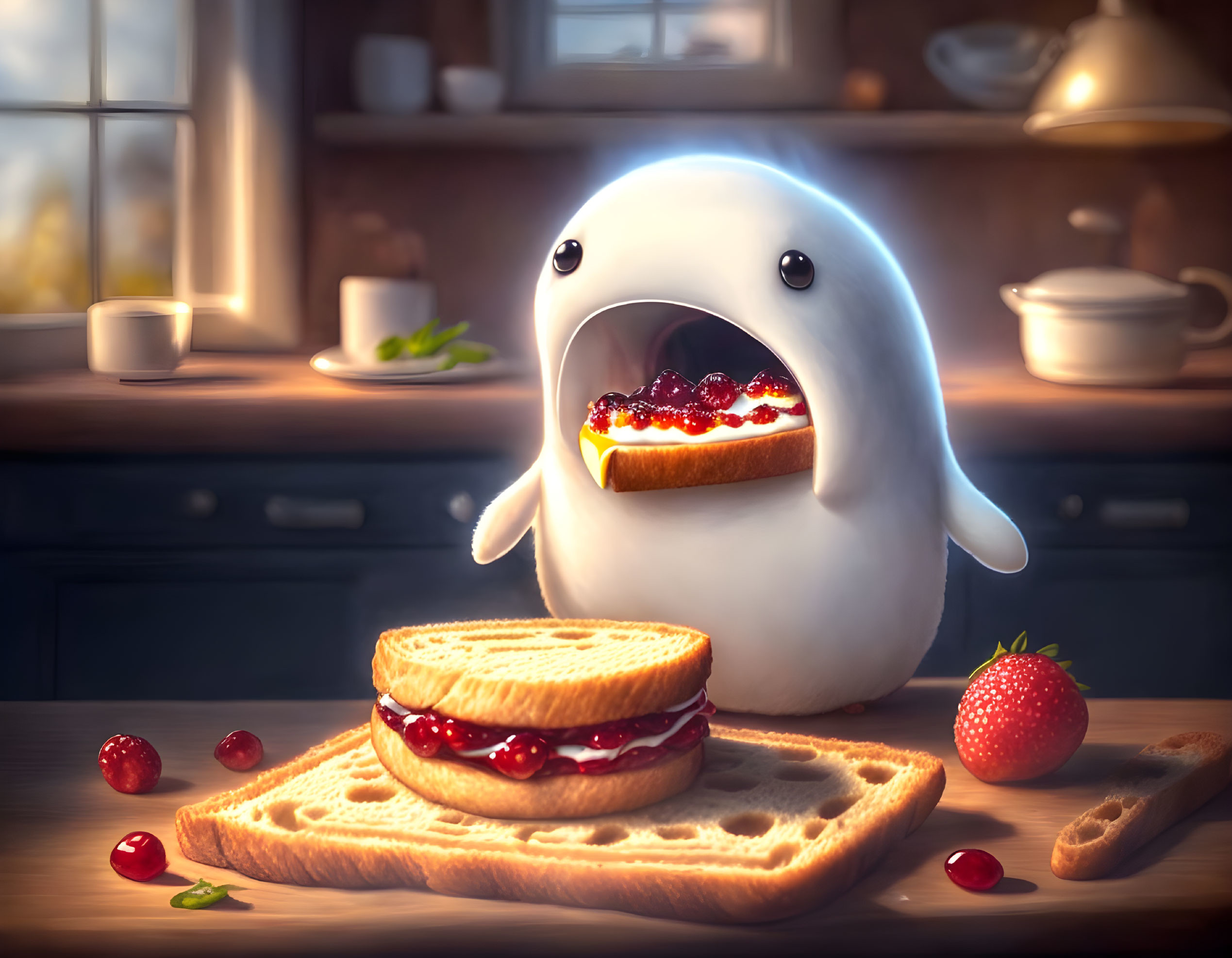 Cartoon-like creature eating jelly sandwich in cozy kitchen