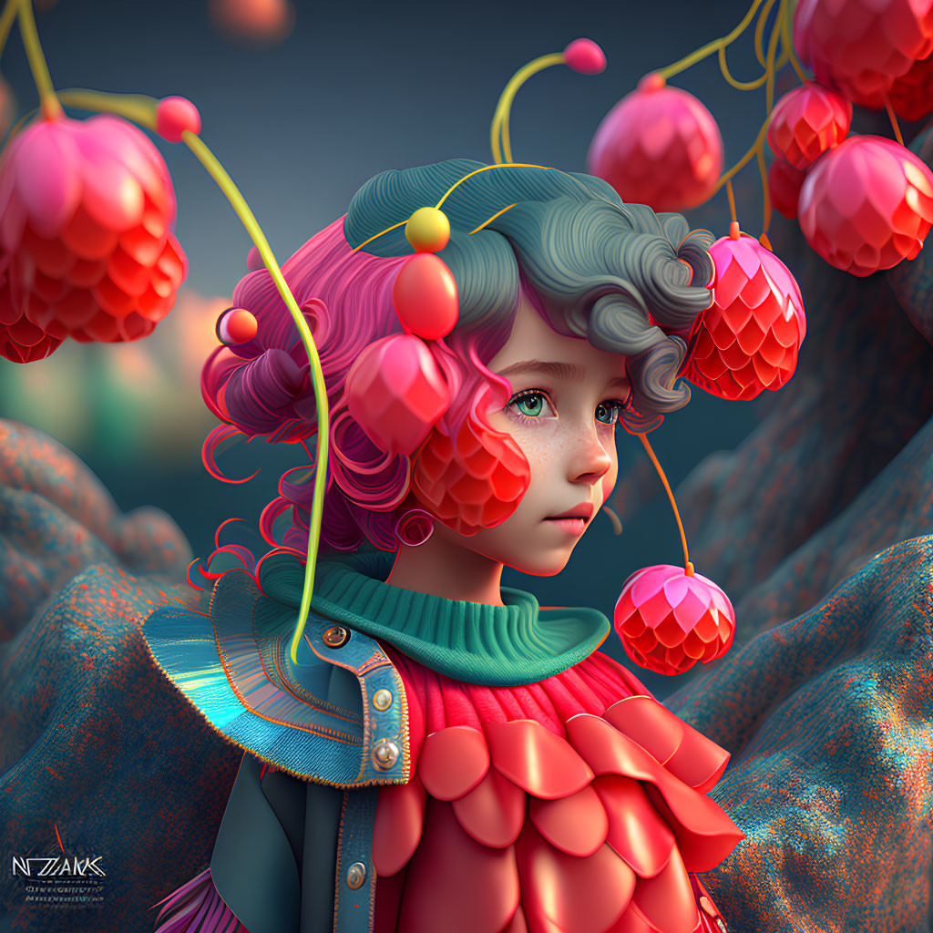 Colorful digital artwork featuring girl with teal hair and red ornaments on textured backdrop