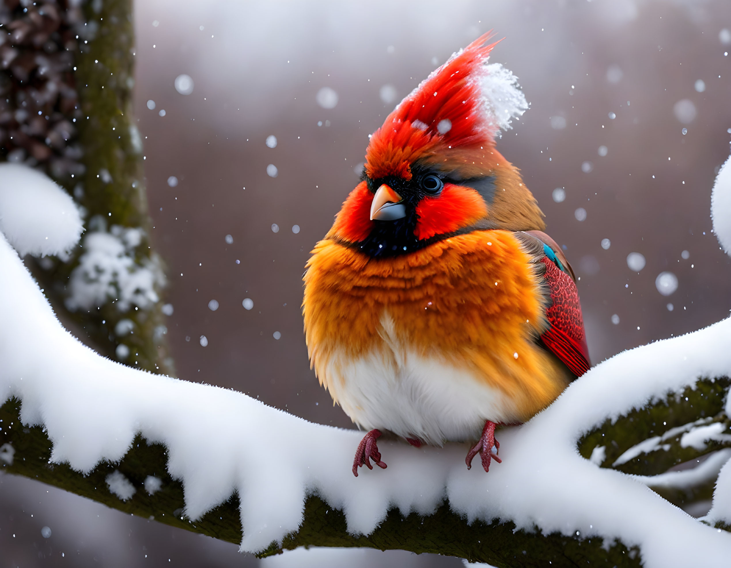 Colorful Northern Cardinal on Snowy Branch with Falling Snowflakes