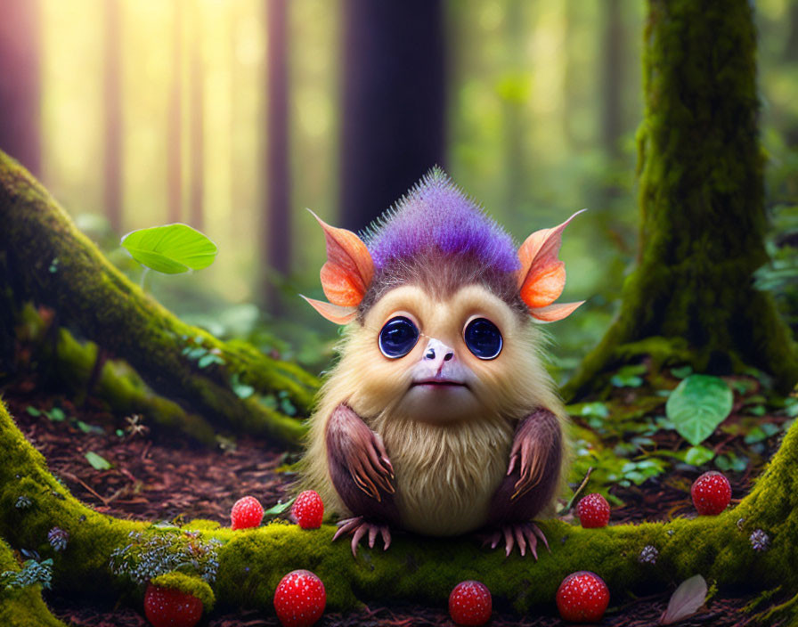 Colorful creature with purple hair in vibrant forest scene