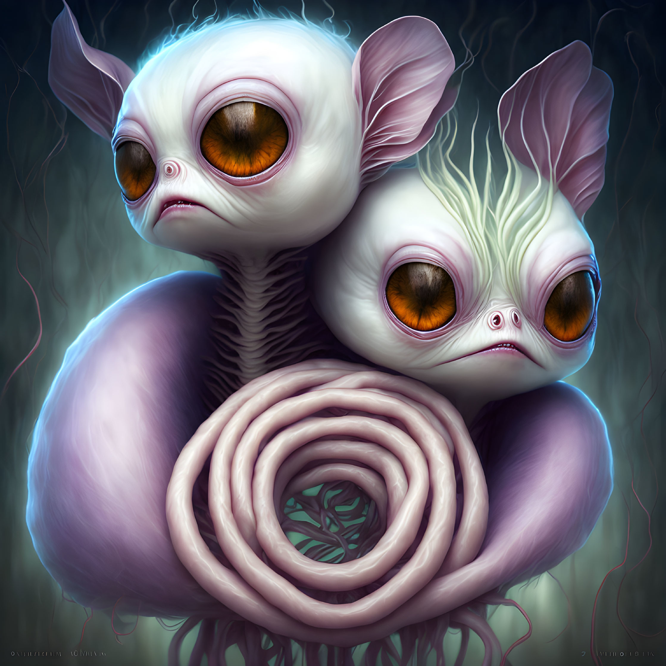 Surreal alien creatures with oversized eyes in embrace