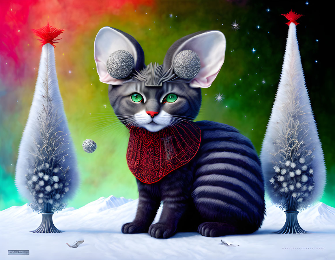 Whimsical large-eared kitten in red scarf amidst snowy trees and colorful aurora.