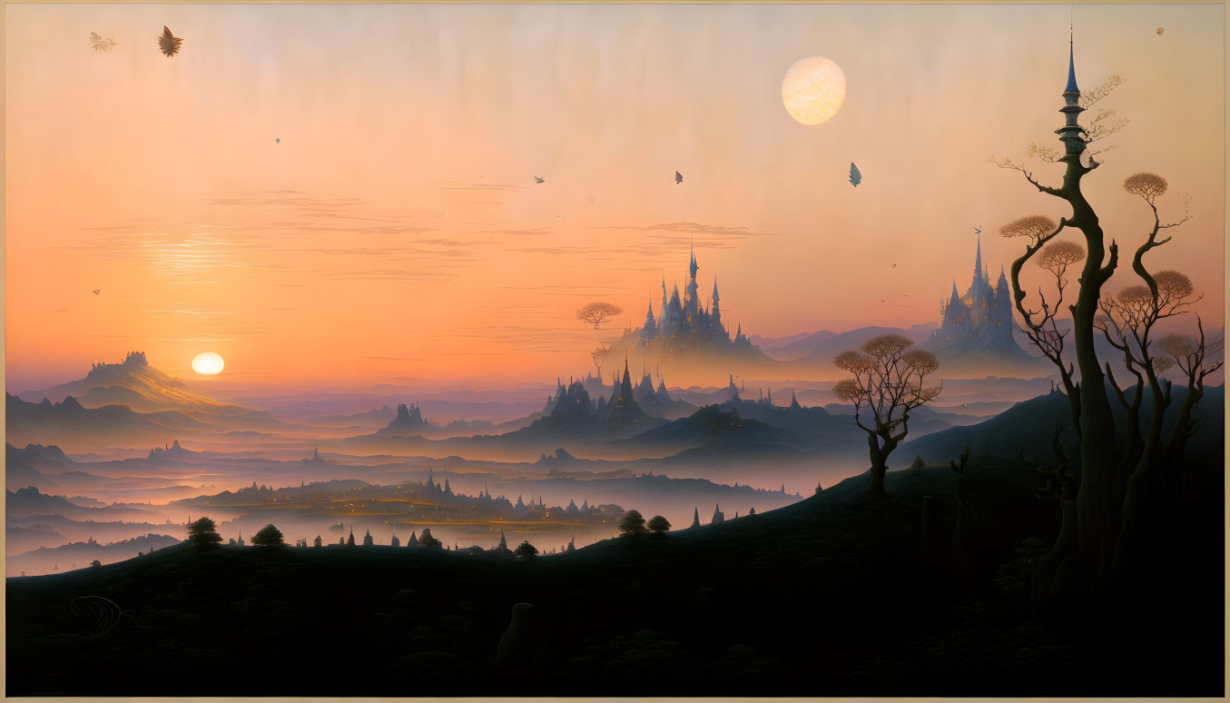 Fantasy landscape: Two moons, silhouetted trees, floating islands, castle in warm sunset