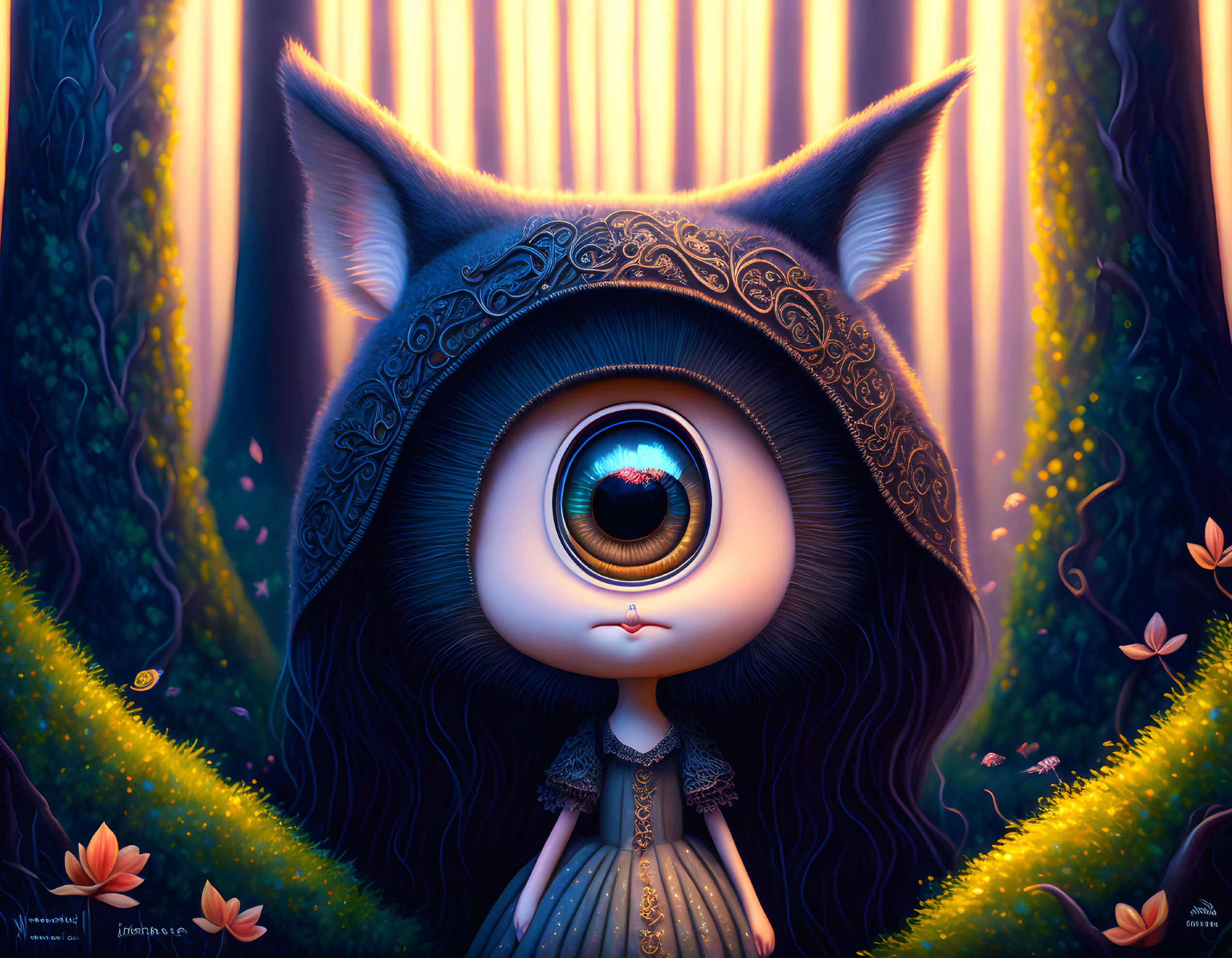 Whimsical large-eyed character in enchanted forest