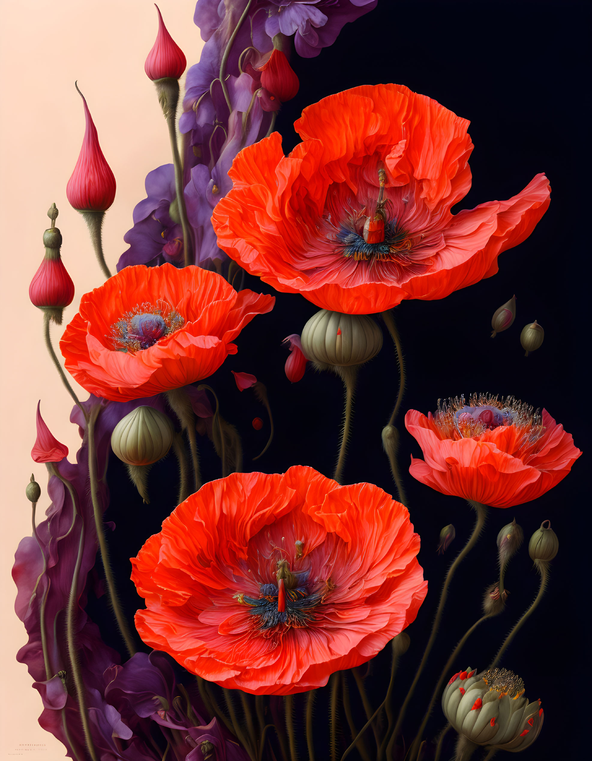 Detailed Red Poppies and Purple Flowers on Dark Background