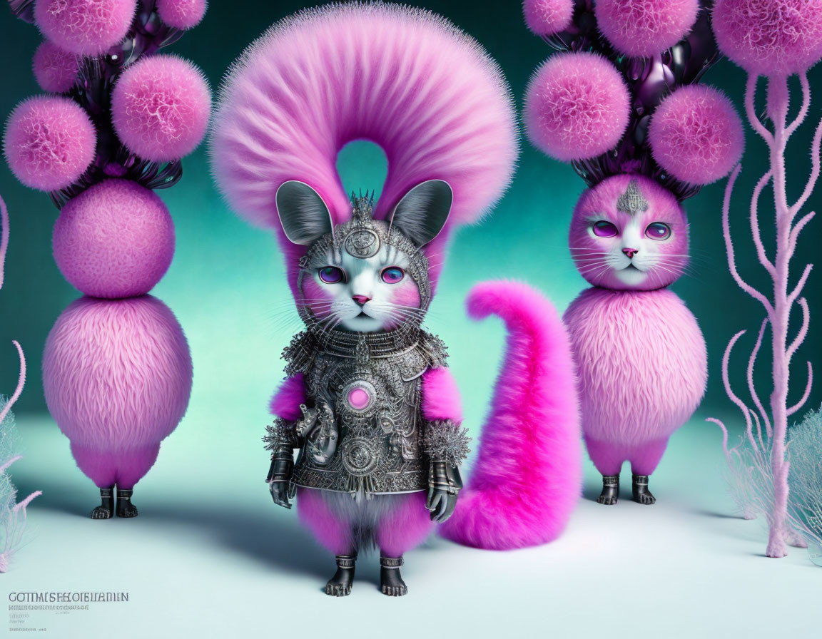 Anthropomorphic pink cats in regal silver armor with fluffy spheres and coral-like structures.