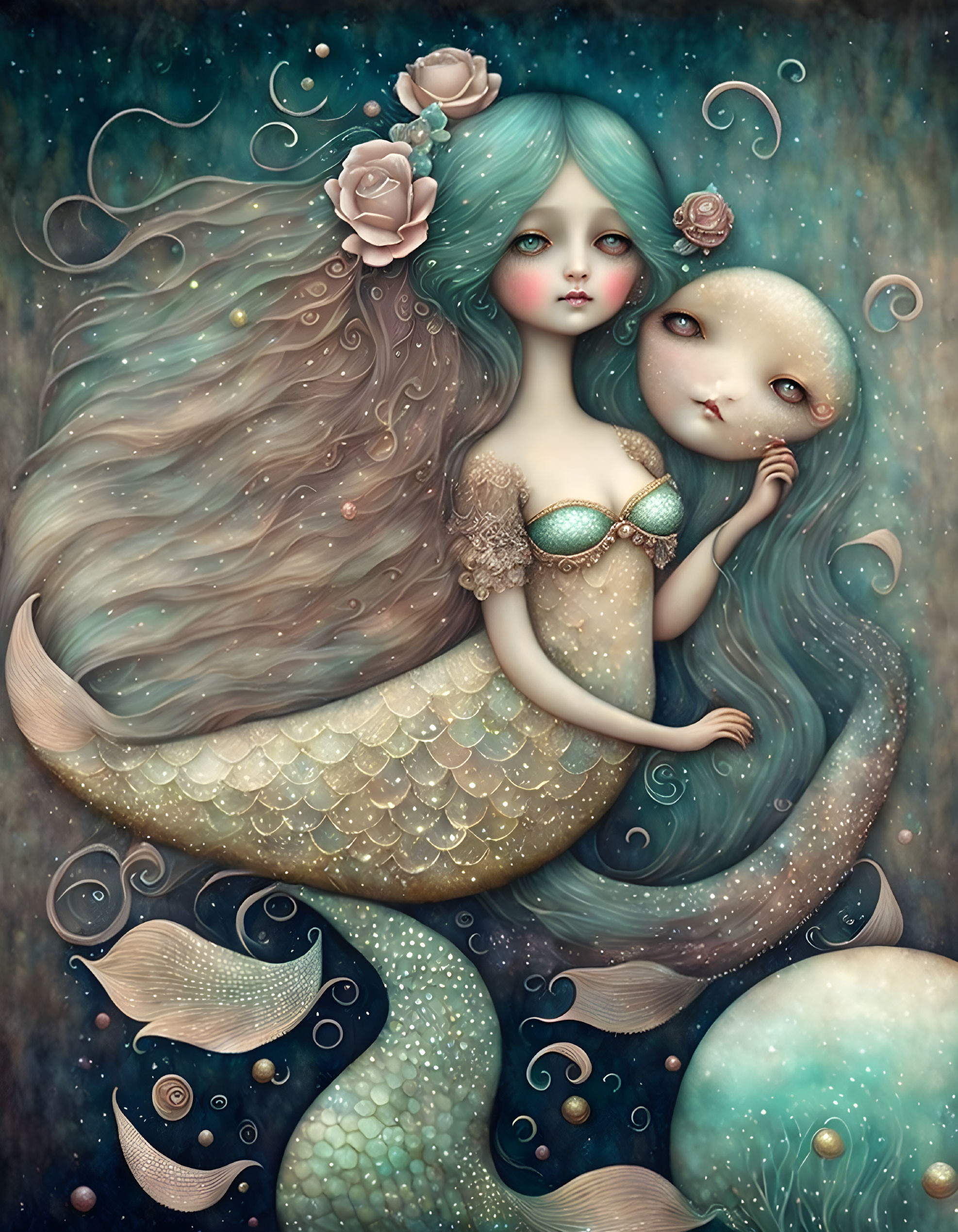 Mermaid with flowing hair cradles sea creature in oceanic scene