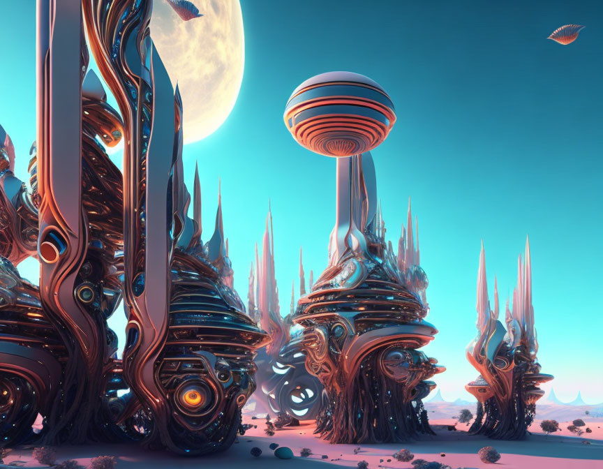 Alien landscape with organic structures, moon, crafts, and warm sky