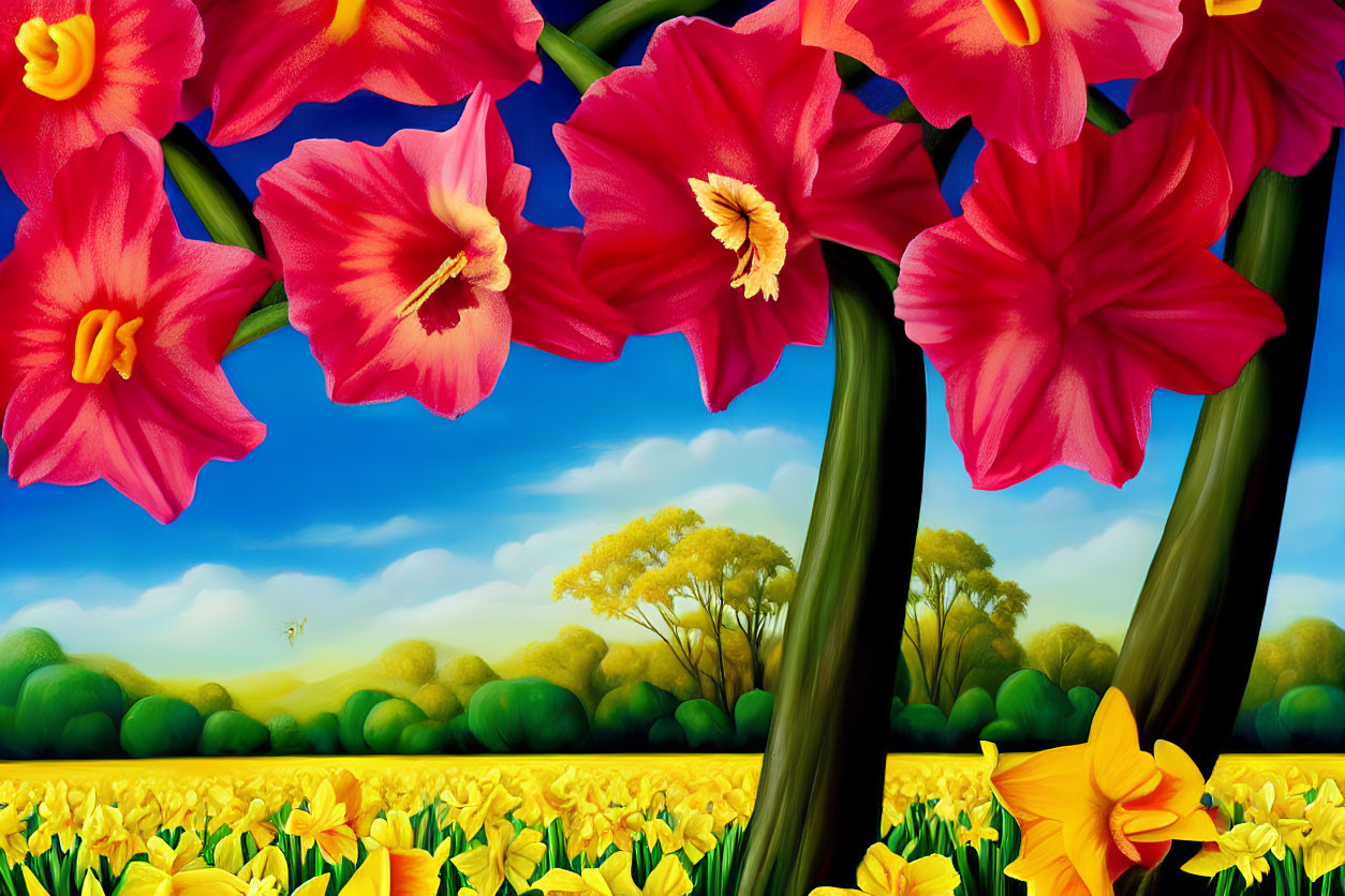 Detailed artwork featuring oversized red flowers in foreground with yellow flowers and lush trees under a blue sky.