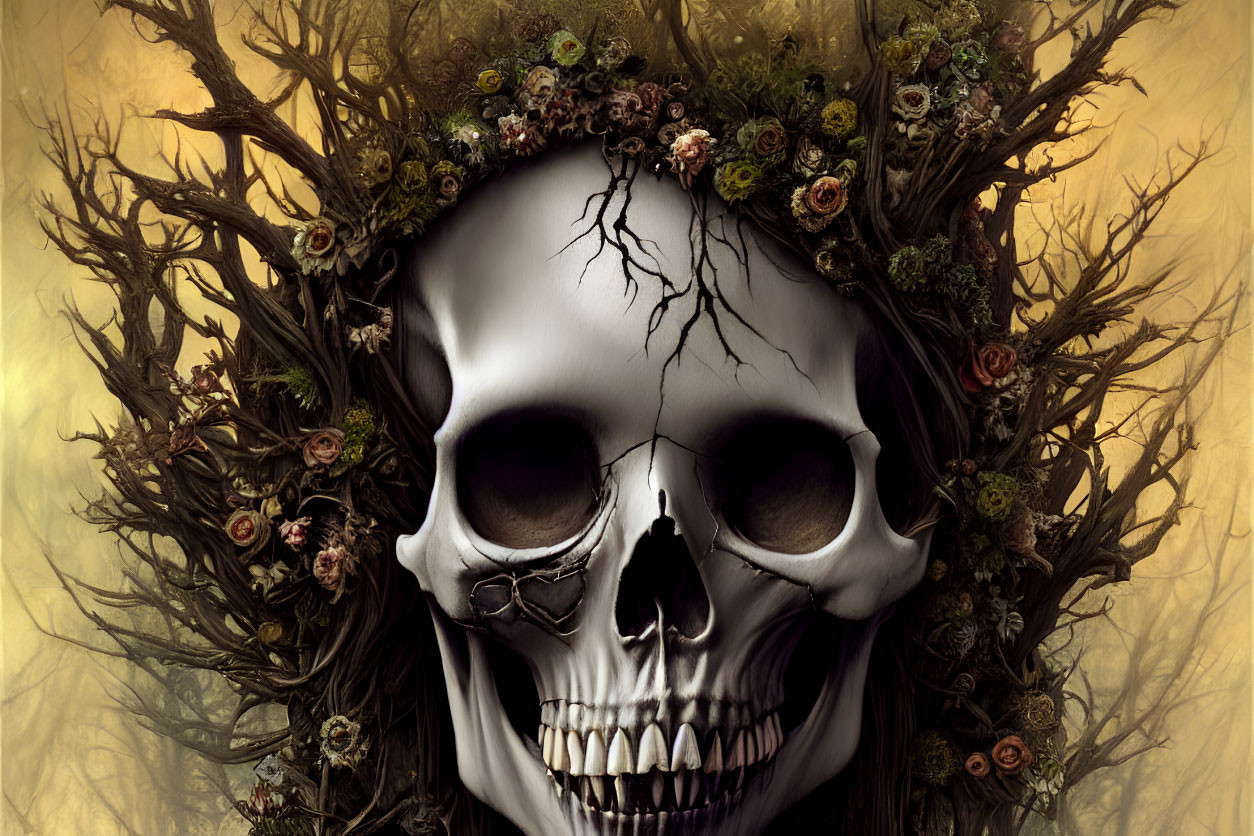 Skull with Branch Crown and Flowers on Sepia Background