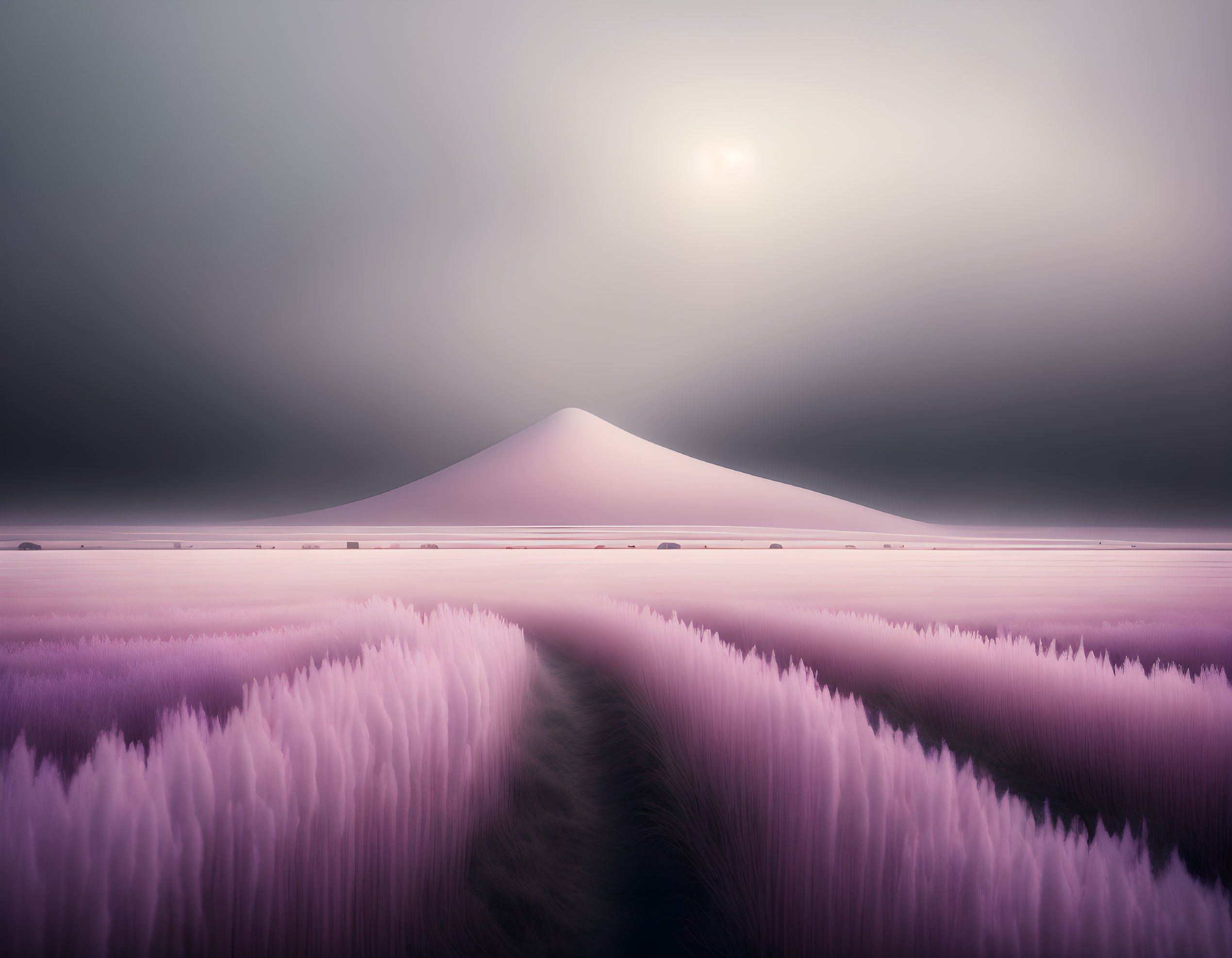 Symmetrical mountain in serene landscape with textured purple grasses