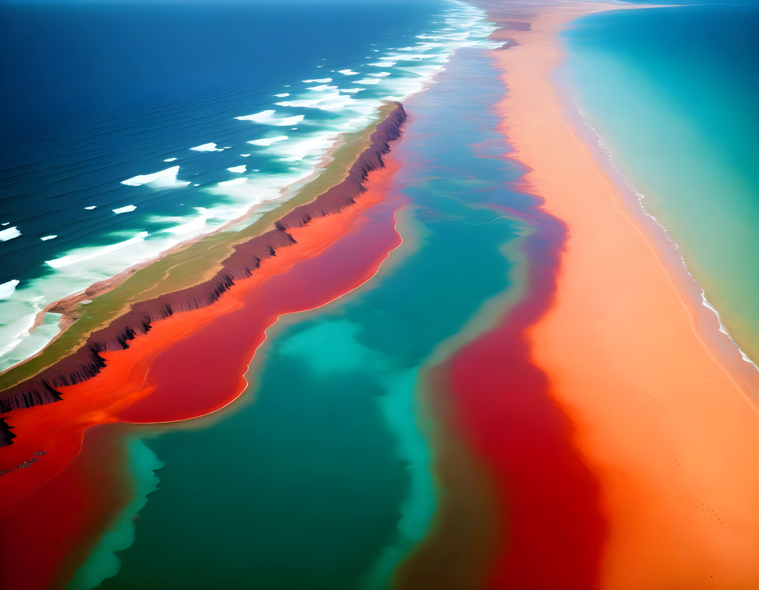 Vibrant aerial view: blue water, red algae, ice chunks coast.