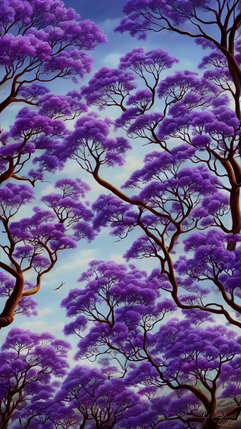 Vibrant purple foliage in a twilight forest with twisted tree trunks