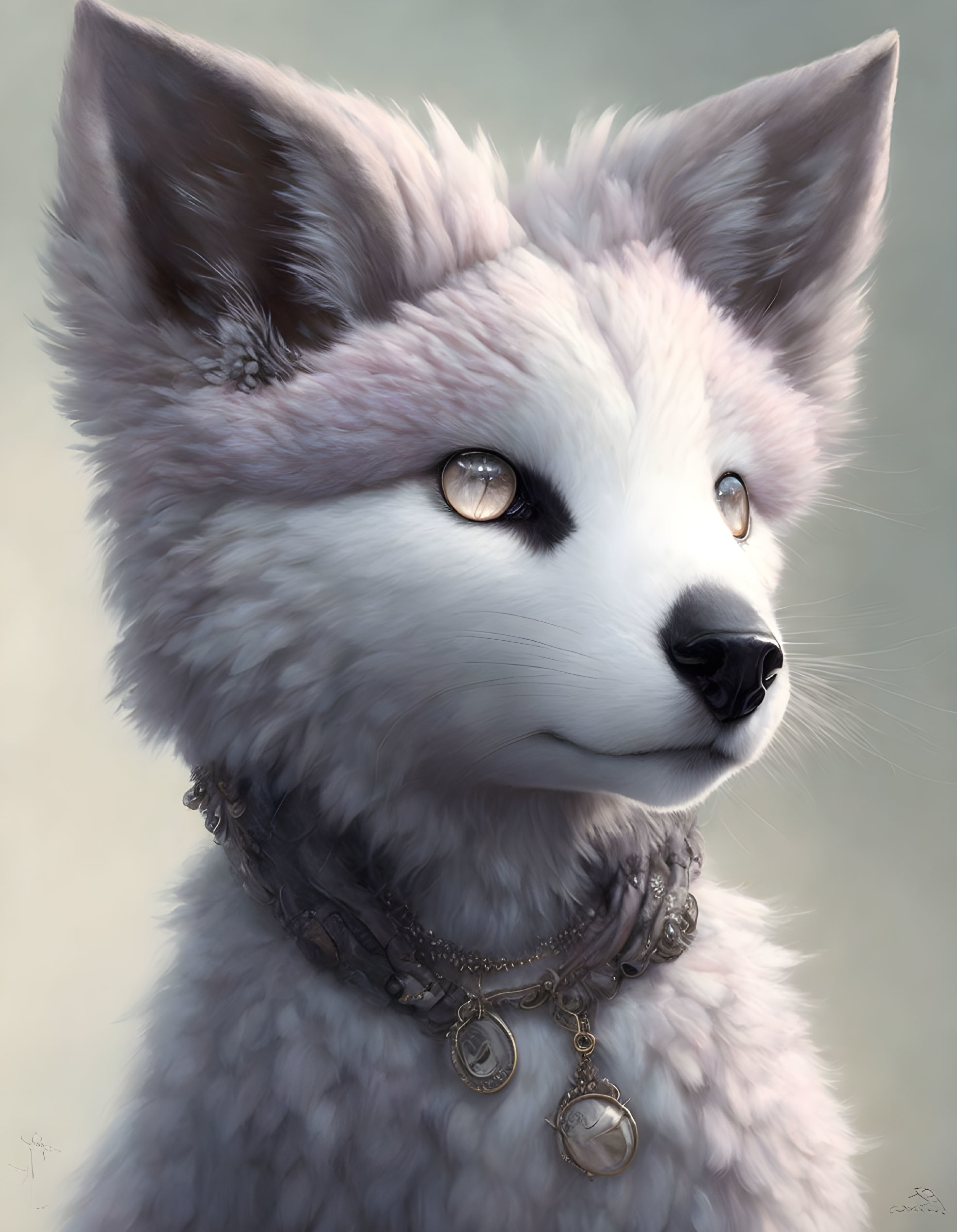 White Fox with Amber Eyes and Silver Necklace in Realistic Digital Art