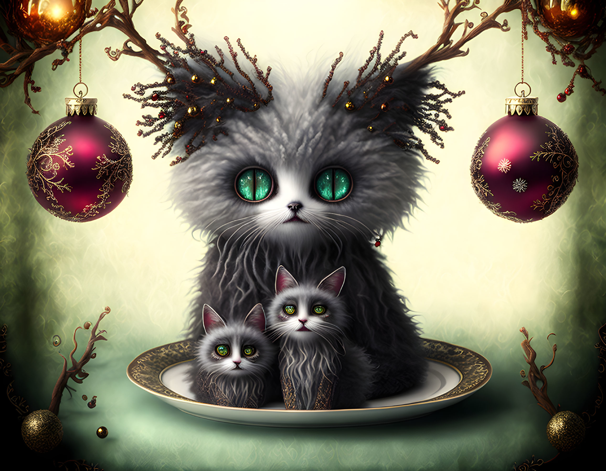 Fluffy cat with green eyes and kittens in a festive setting