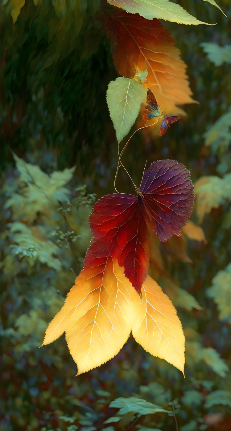 Colorful autumn leaves gradient against forest backdrop