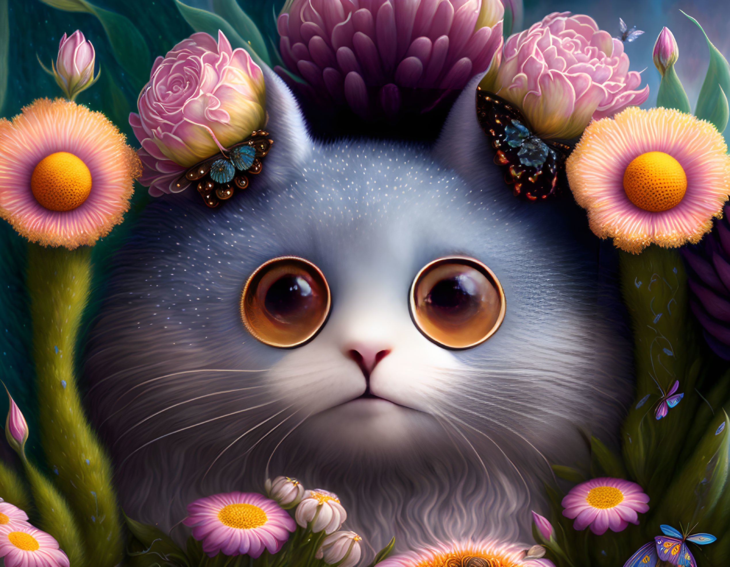 Grey Fluffy Cat with Expressive Eyes Surrounded by Flowers and Butterflies