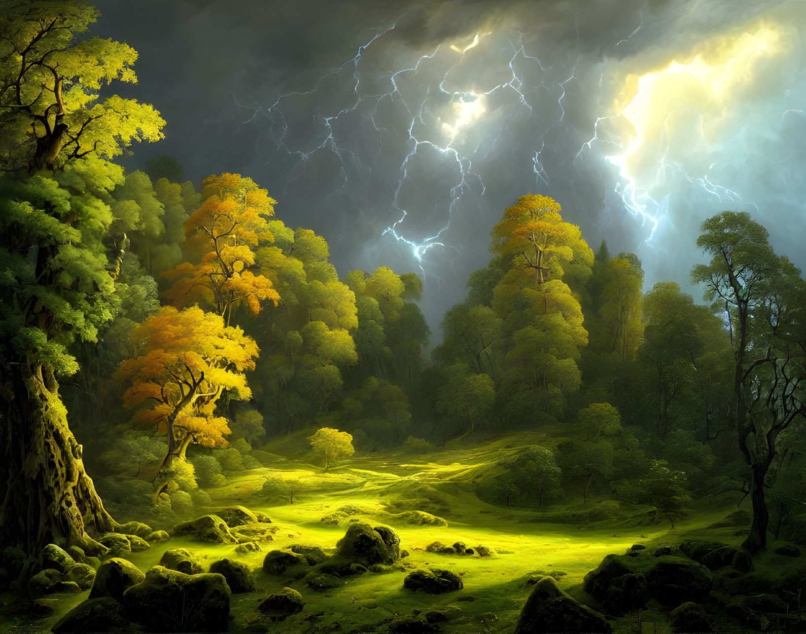 Mystical forest glade during lightning storm