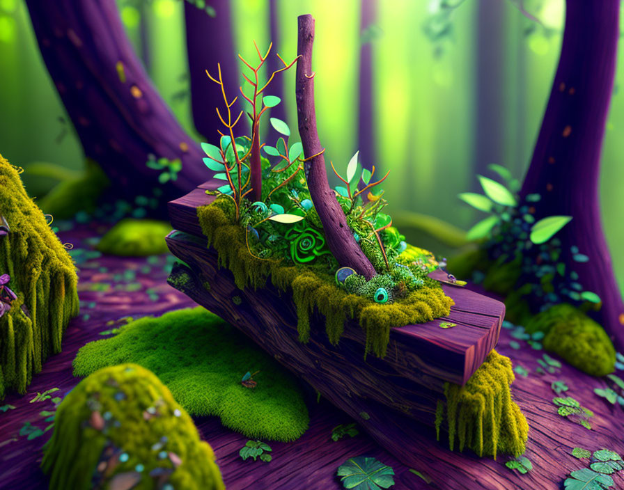 Enchanted forest with moss-covered rocks and magical book sprouting plants