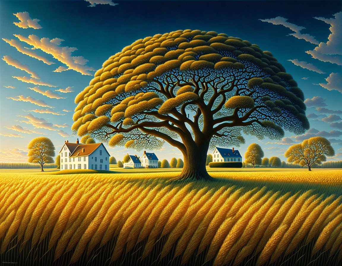 Stylized painting of large tree, white houses, wheat field, blue sky at sunrise.