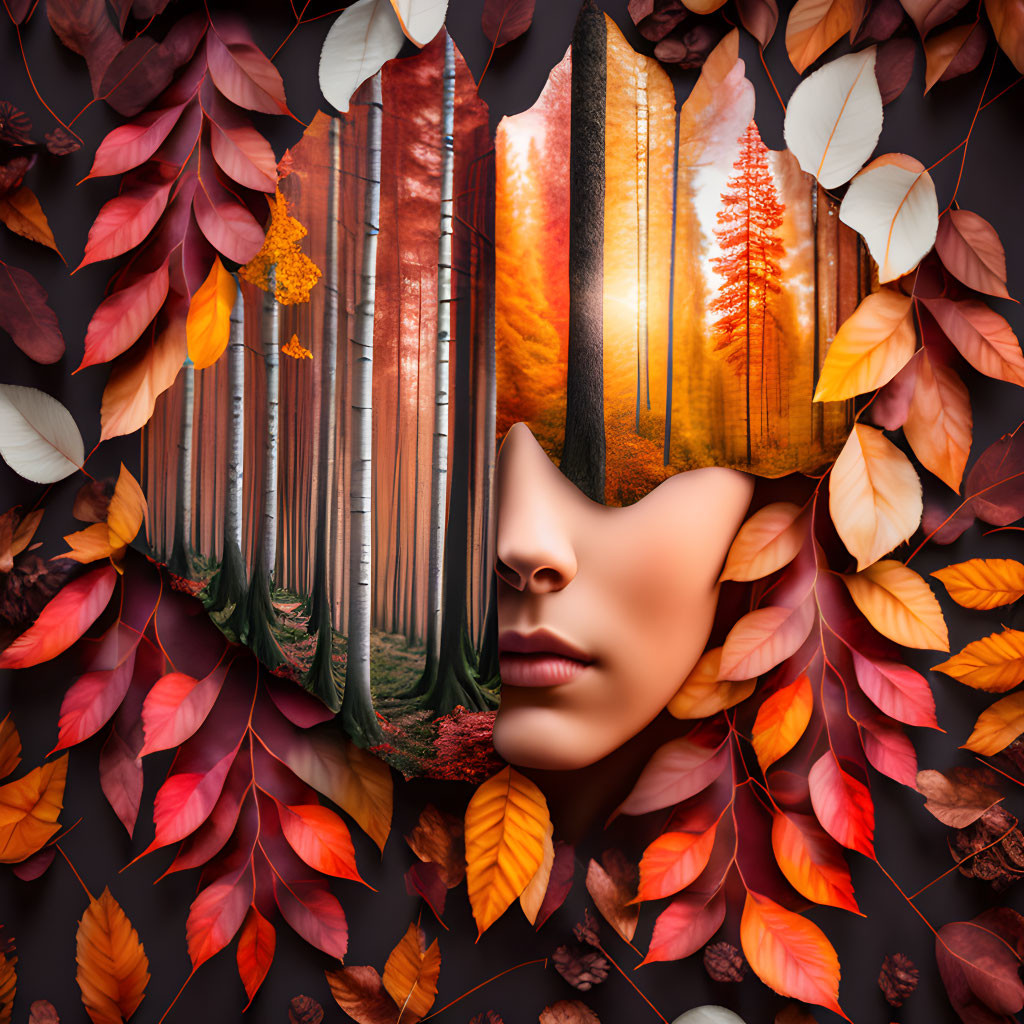 Woman's face merges with autumn forest in surreal portrait