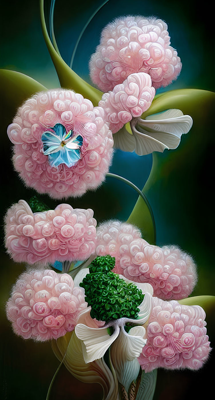 Stylized pink flowers and blue butterfly digital painting on dark background