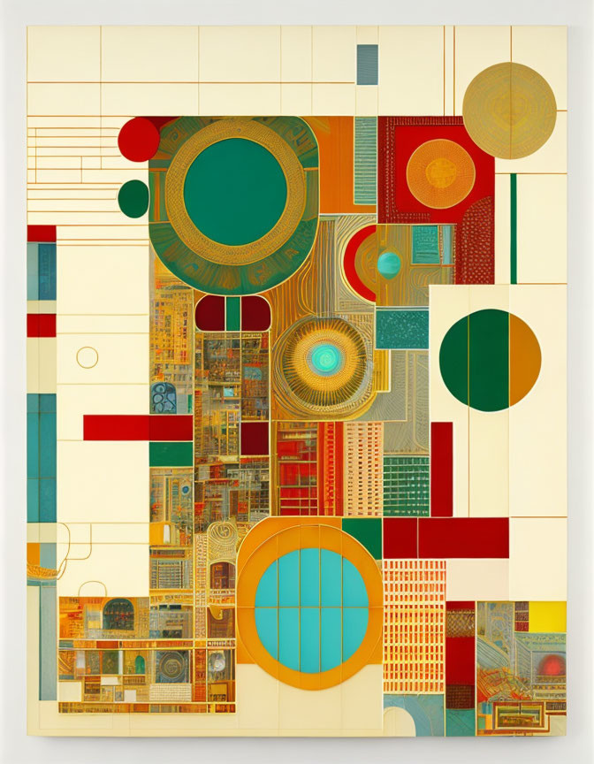 Vibrant abstract geometric painting with circles and rectangles in yellow, red, and teal.