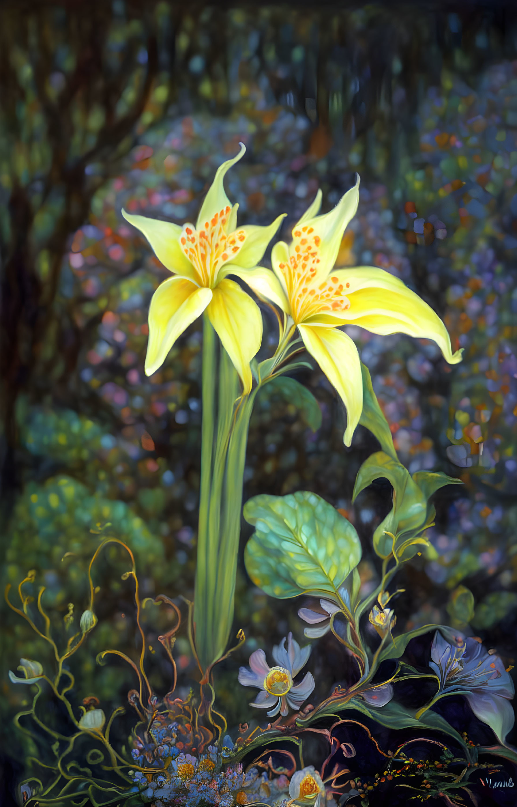 Vibrant yellow lilies with speckled petals in lush greenery against a dappled