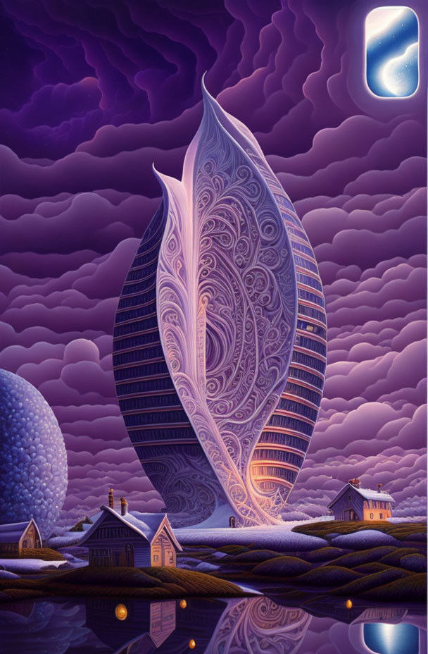 Surreal landscape with ornate leaf-shaped structure under purple sky