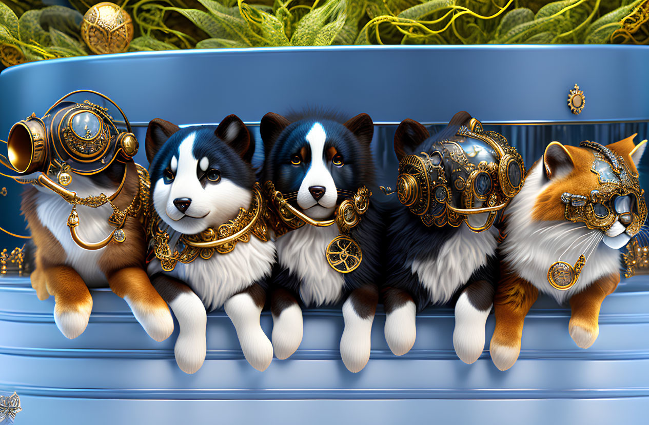 Five Steampunk Cartoon Dogs on Blue Ledge with Golden Ornate Designs