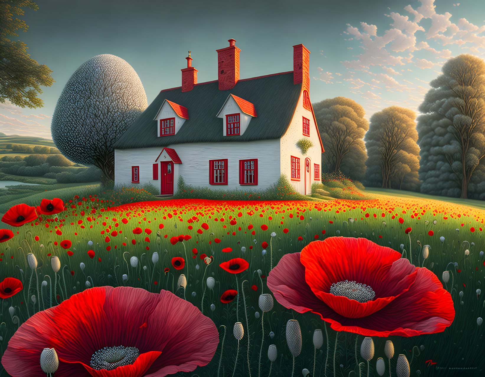 White House with Red Accents in Poppy Field Scene