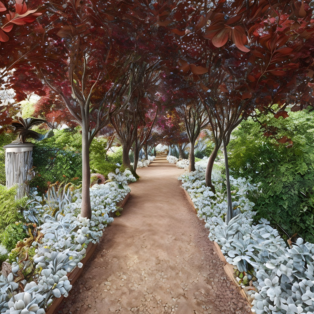 Tranquil garden pathway with vibrant foliage under red-leafed trees