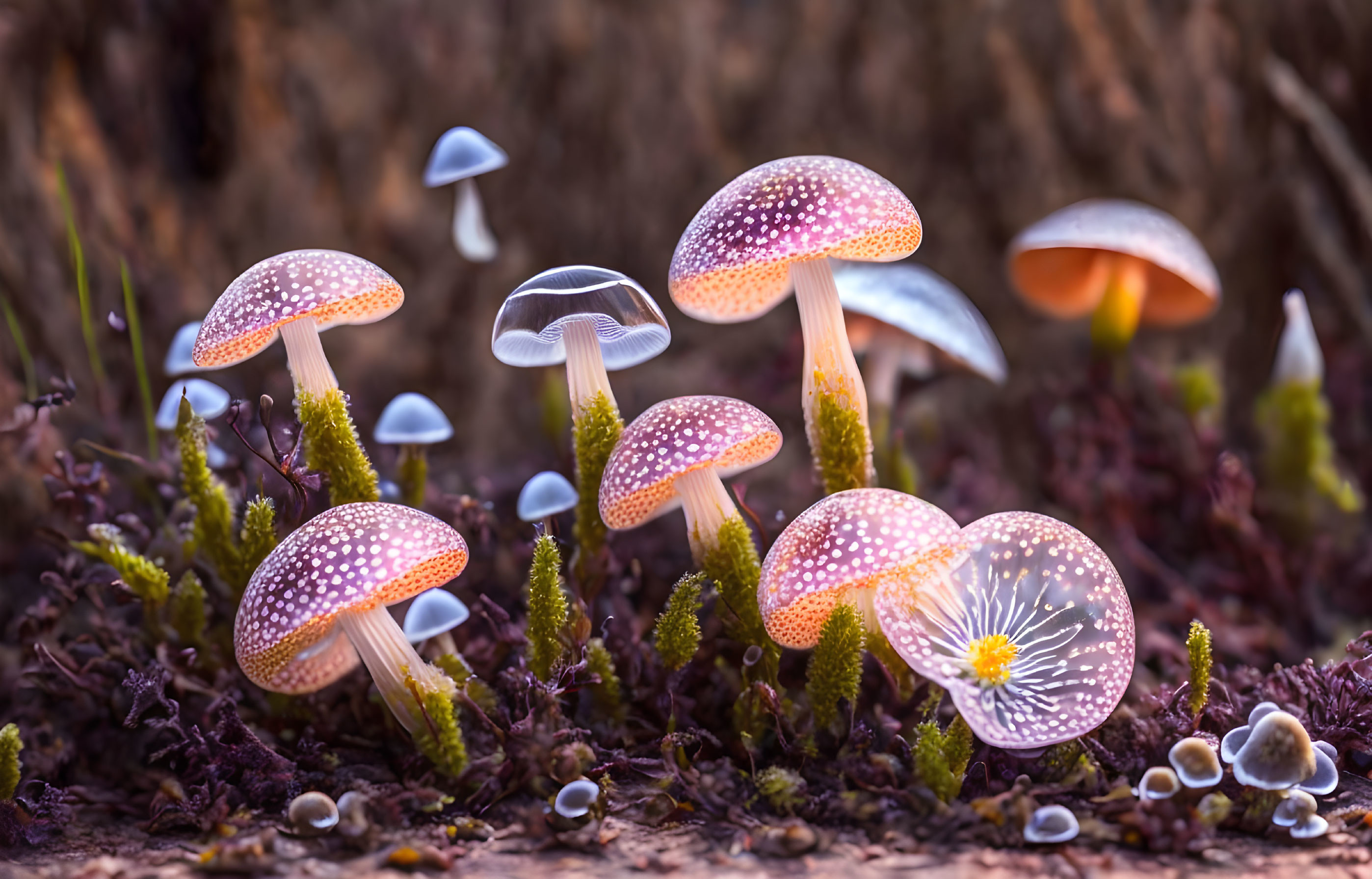 Bioluminescent mushrooms in mossy natural setting