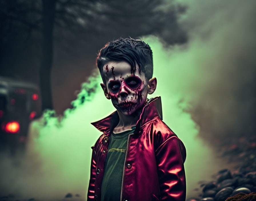 Child in Red Jacket with Skull Face Paint in Misty Forest