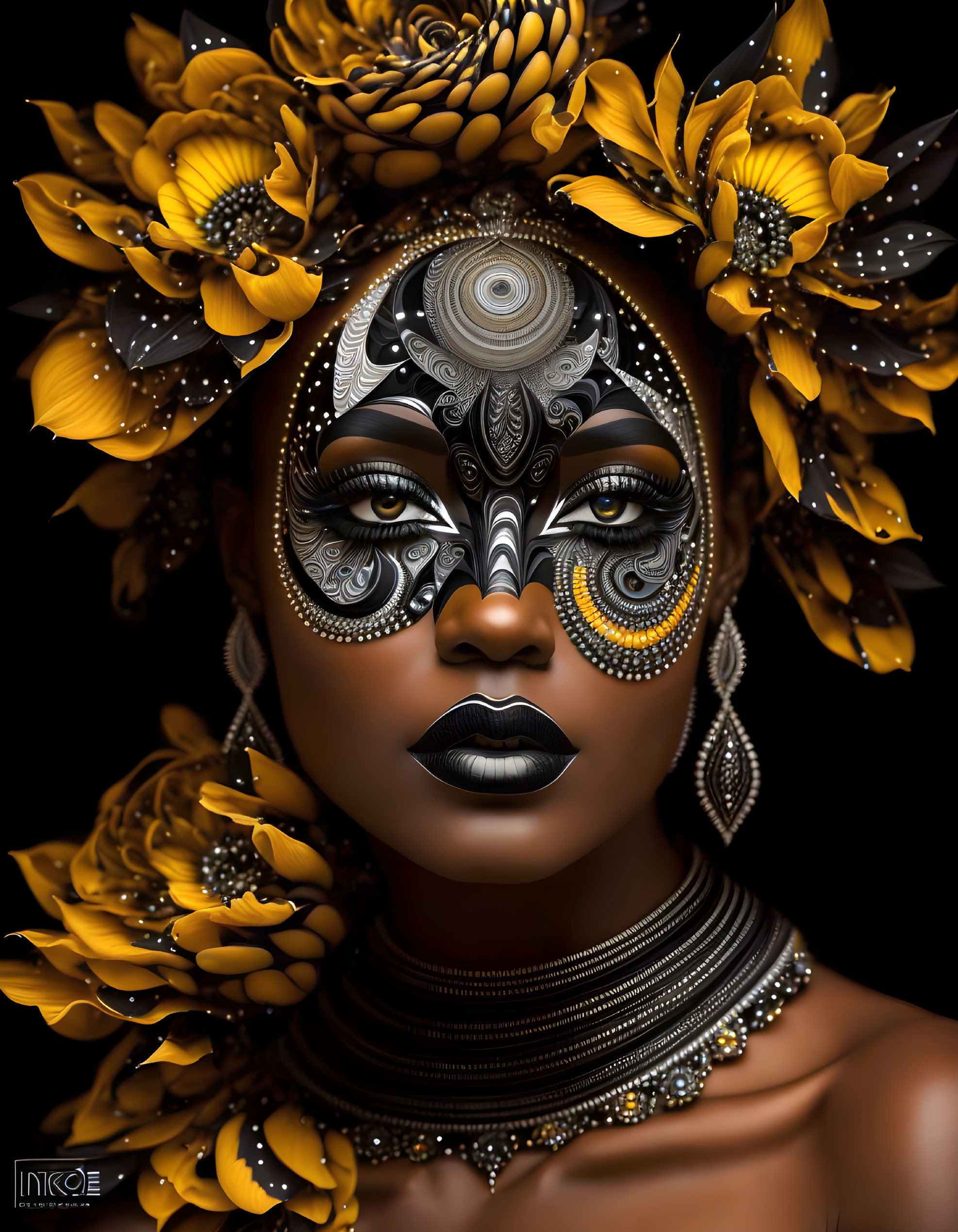 Woman with intricate black and white face paint and sunflower accessories on dark background