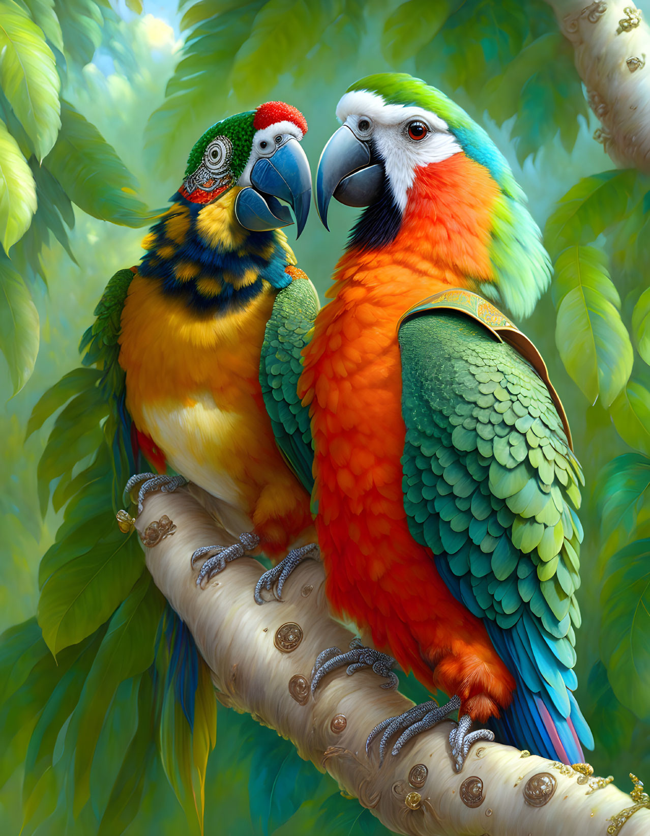 Colorful Parrots Interacting on Branch with Lush Foliage