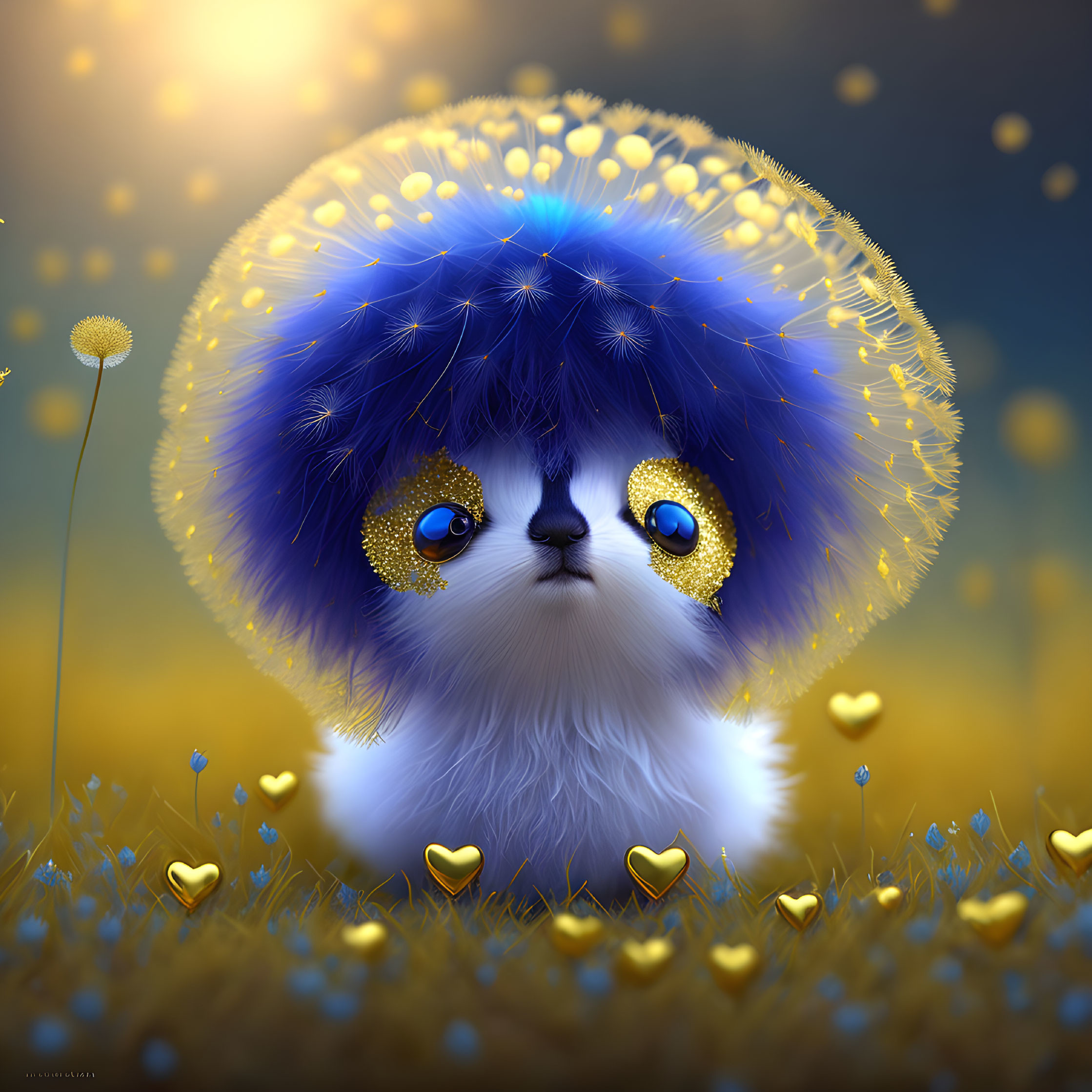 Blue fluffy creature in dandelion field under glowing sphere