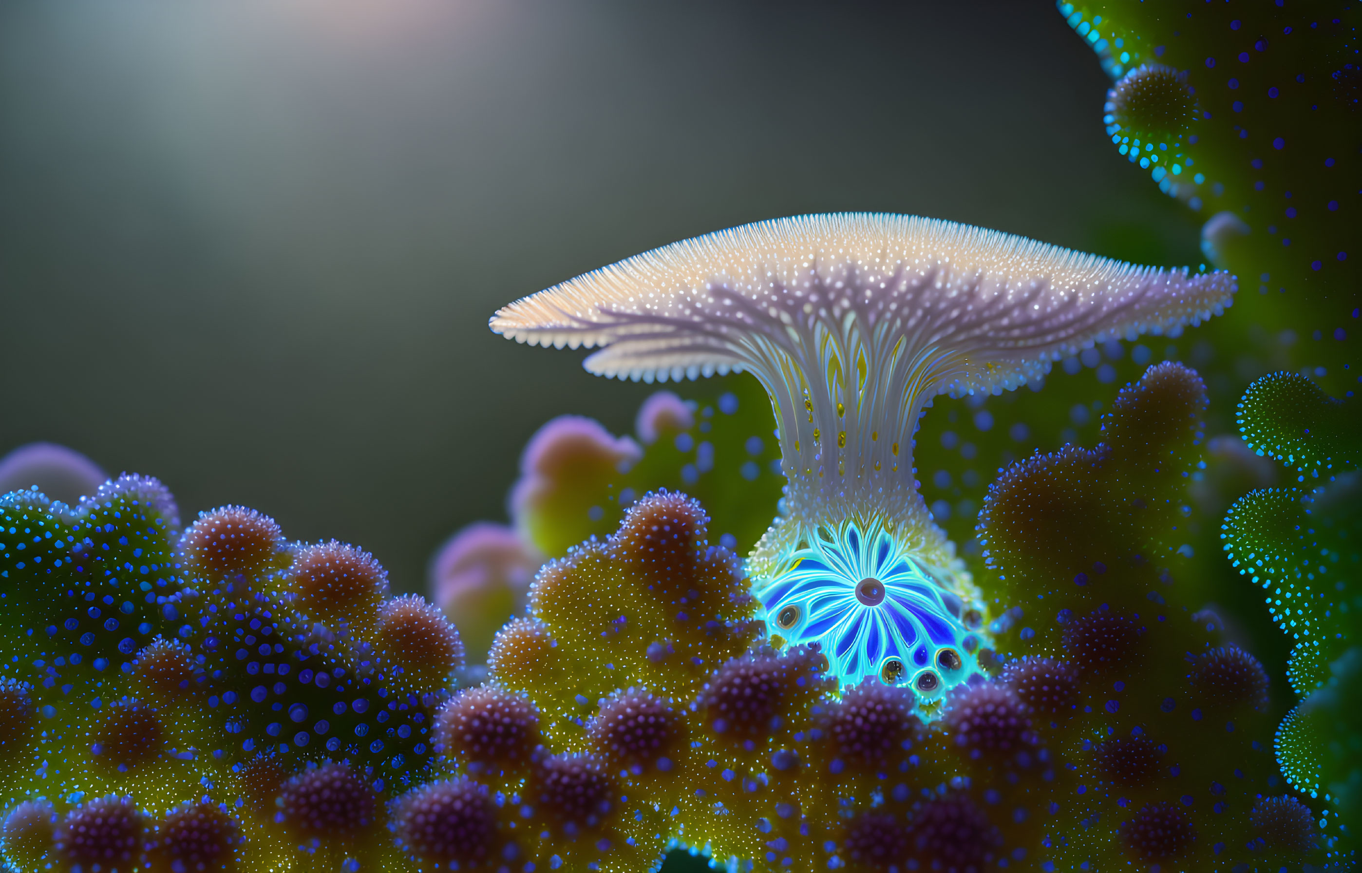 Vibrant bioluminescent mushroom-like structure with glowing orbs on dark background