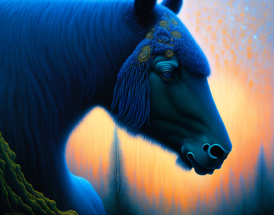 Intricately decorated blue horse in surreal landscape