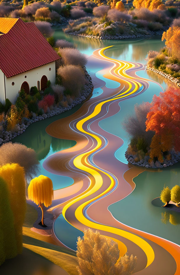 Colorful autumn landscape with winding paths, vibrant trees, river, and red-roofed house