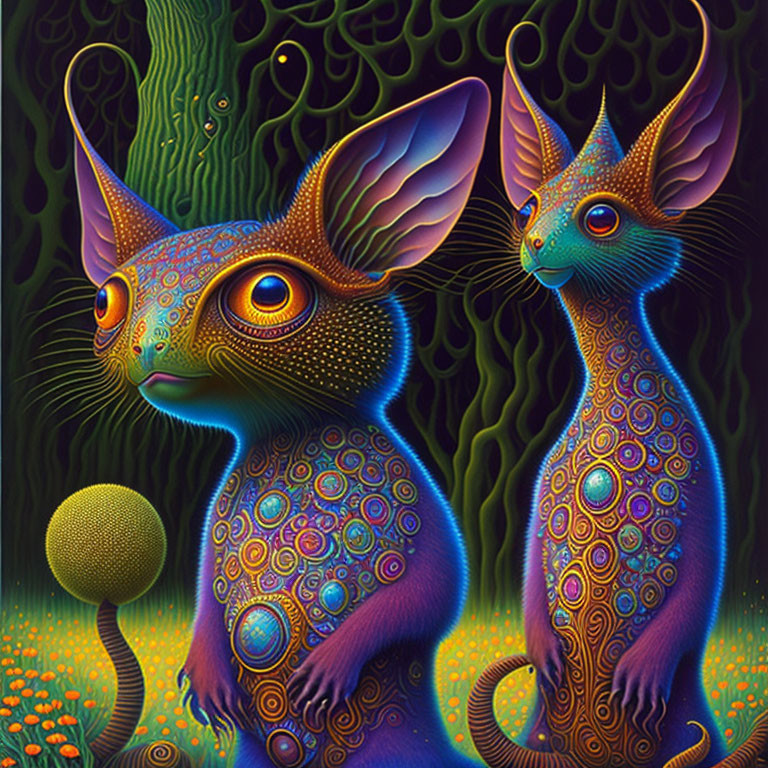 Colorful creatures with cat-like features in neon-lit setting