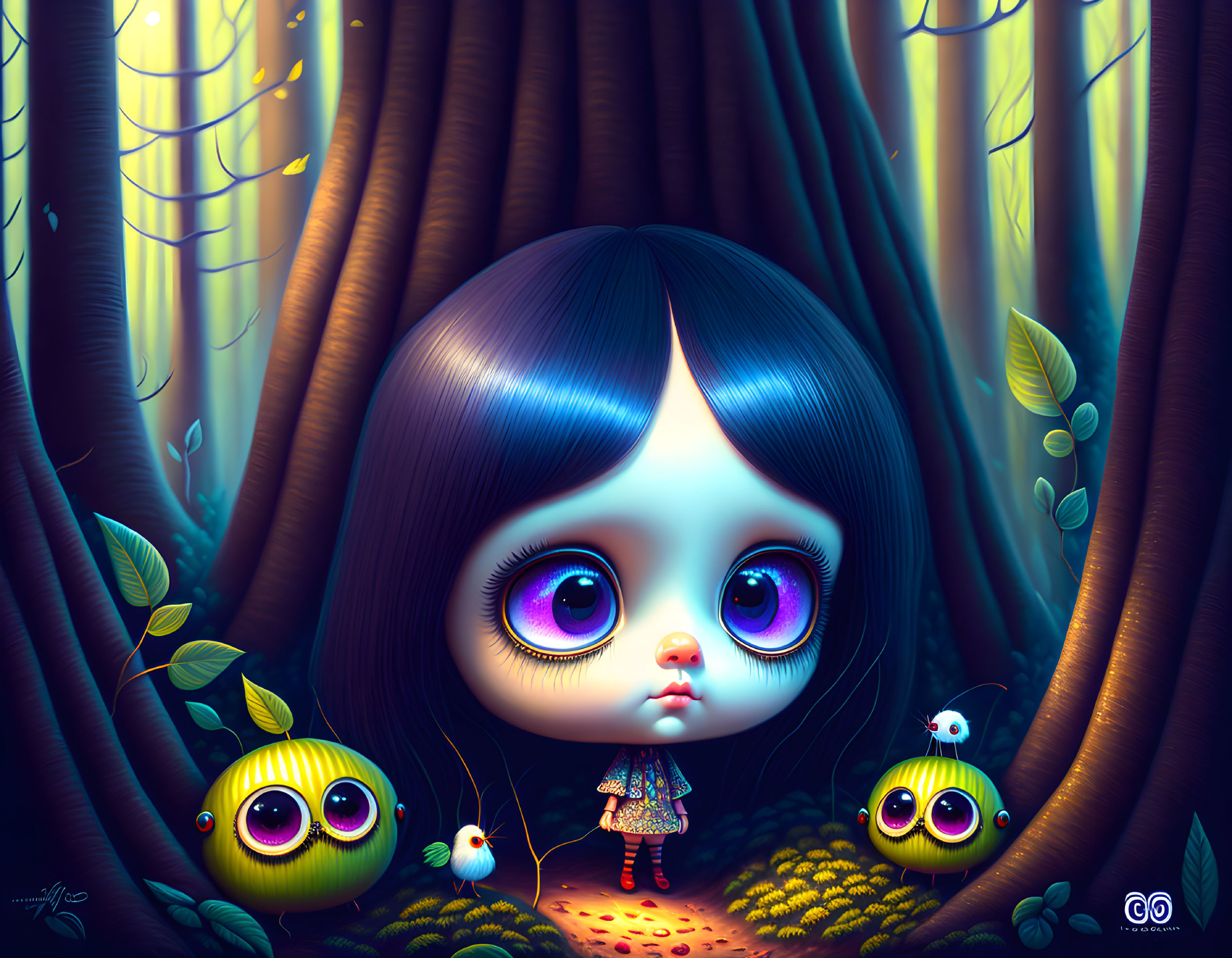 Stylized girl in enchanted forest with quirky creatures