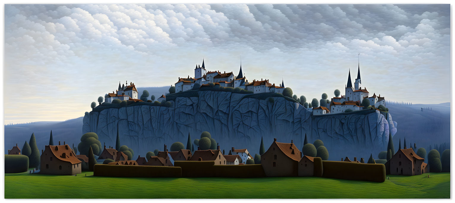 Panoramic landscape: stately castle on rocky cliff, village nestled in verdant hills, pattern