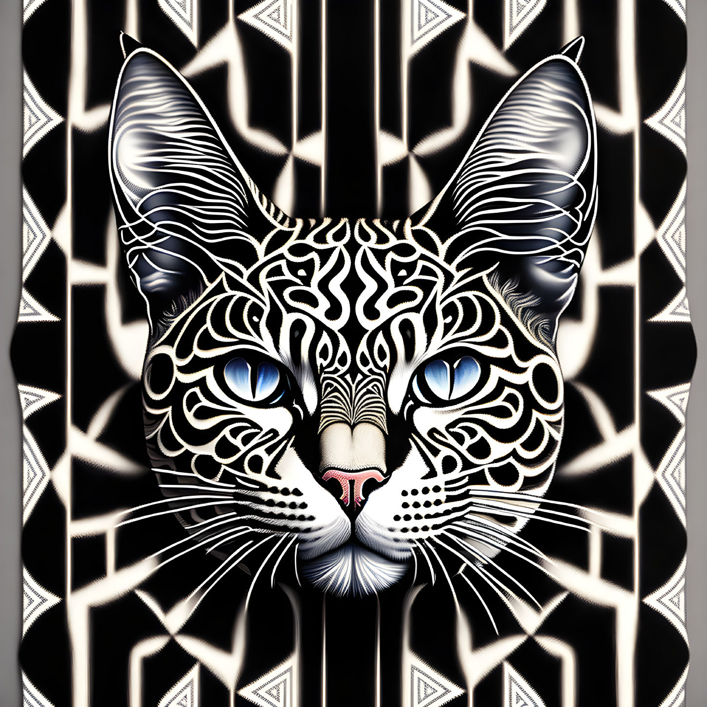 Stylized cat illustration with intricate patterns and blue eyes