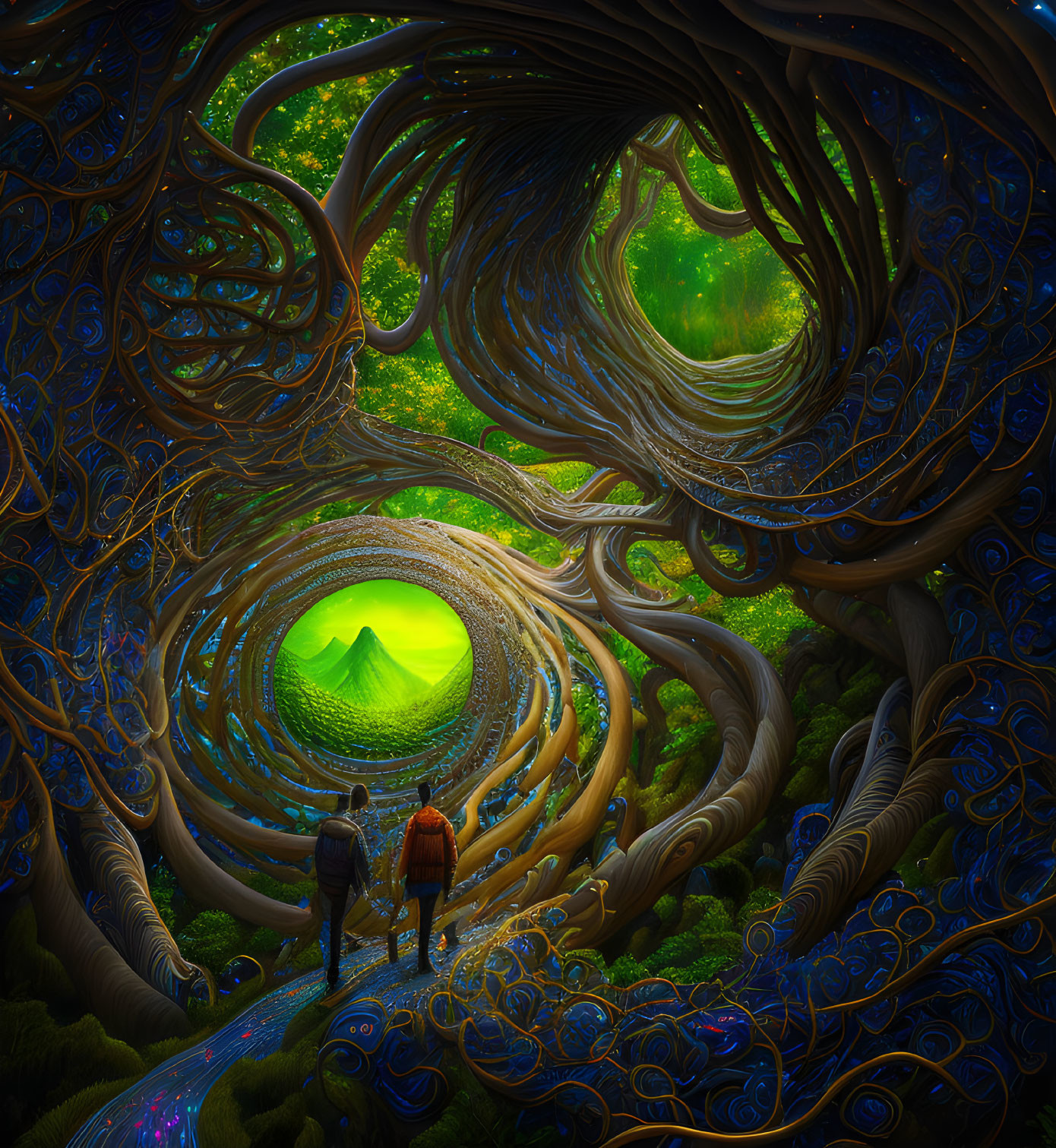 Surreal spiraling landscape with intricate patterns and glowing environment