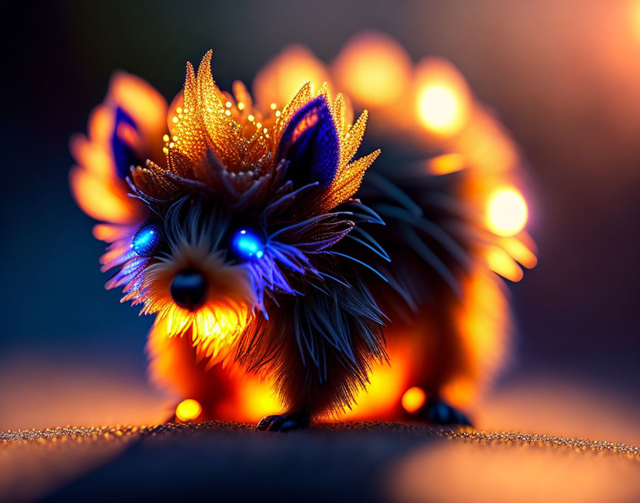 Fantasy creature with blue eyes, orange spikes, and furry body on bokeh background