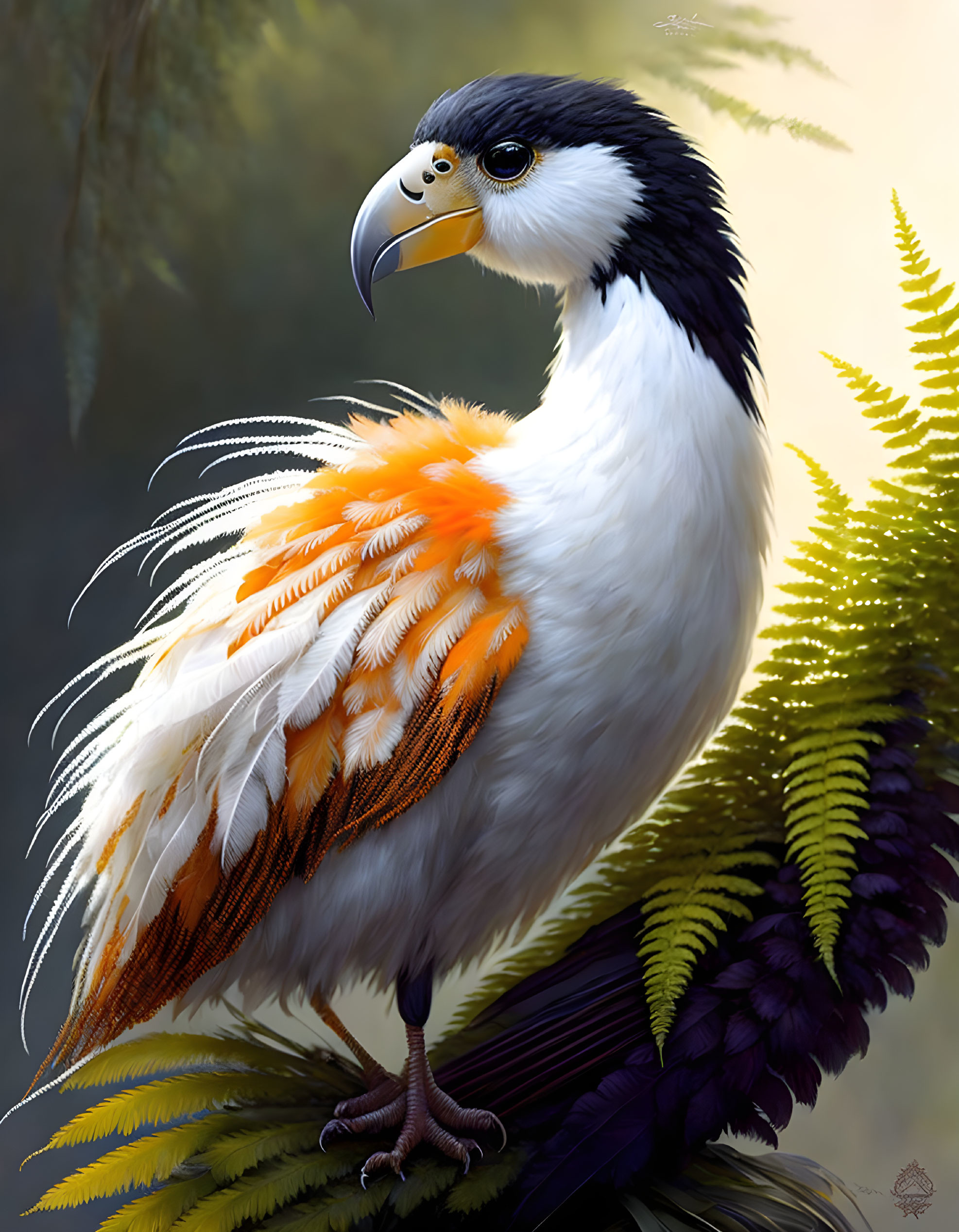 Fantastical bird with black and white head in vibrant orange plumage among ferns