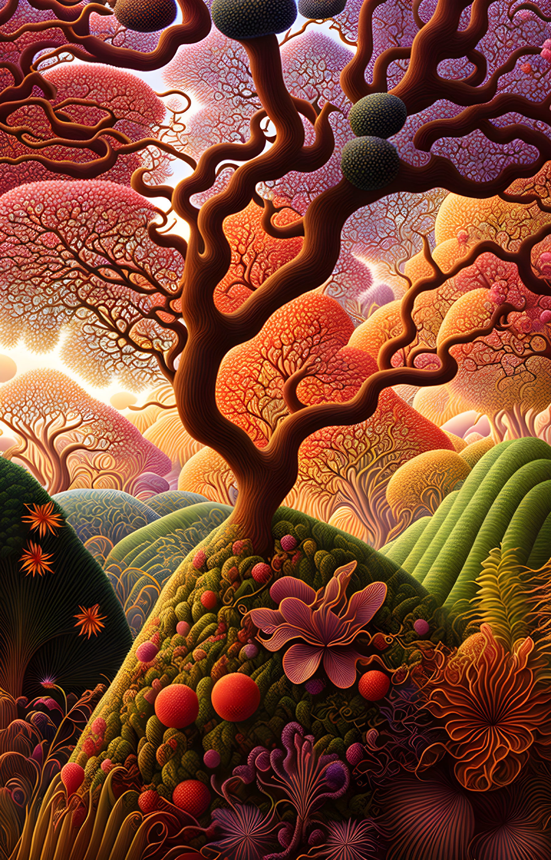 Fantasy landscape with vibrant flora, intricate tree, glowing sunset