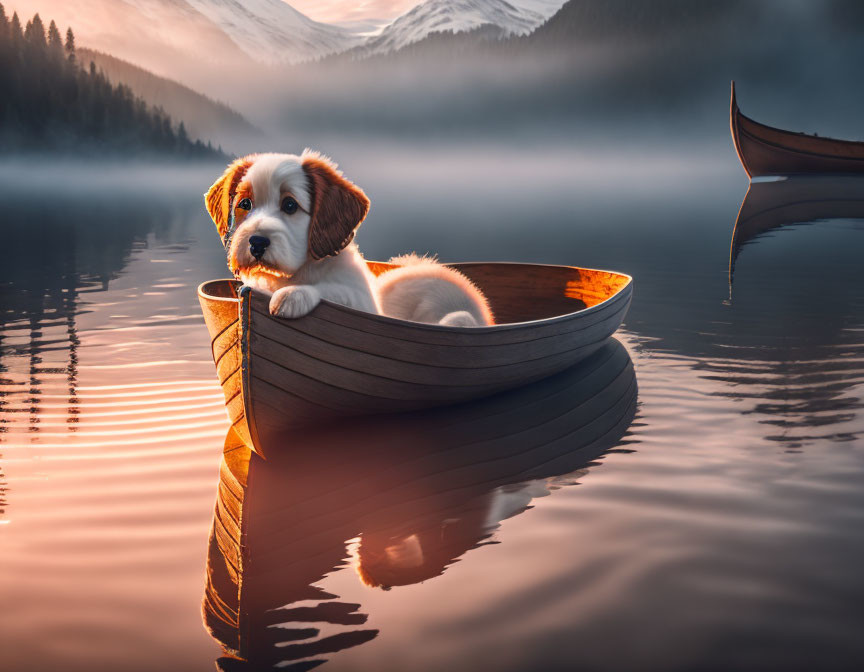 Adorable puppy in wooden boat on serene lake at sunrise or sunset