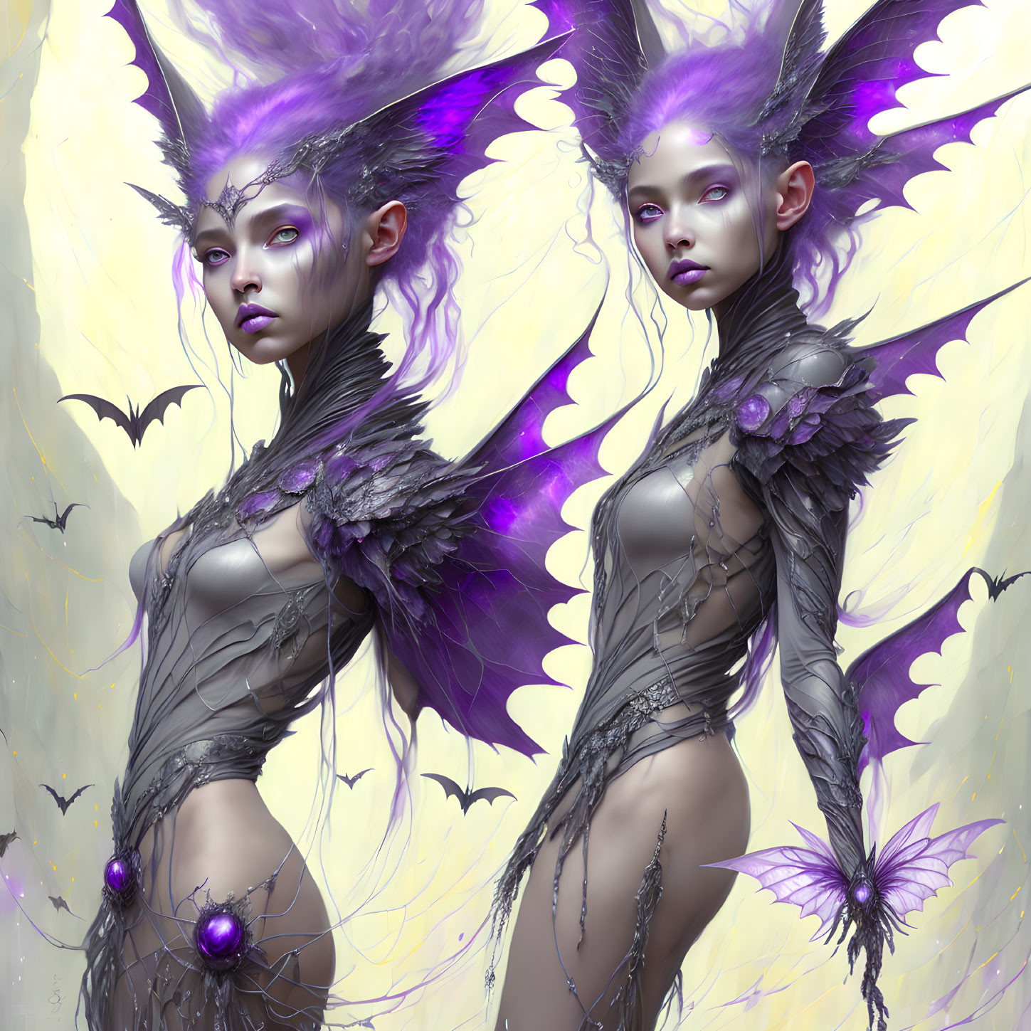 Twin fantasy creatures with purple skin and butterfly wings